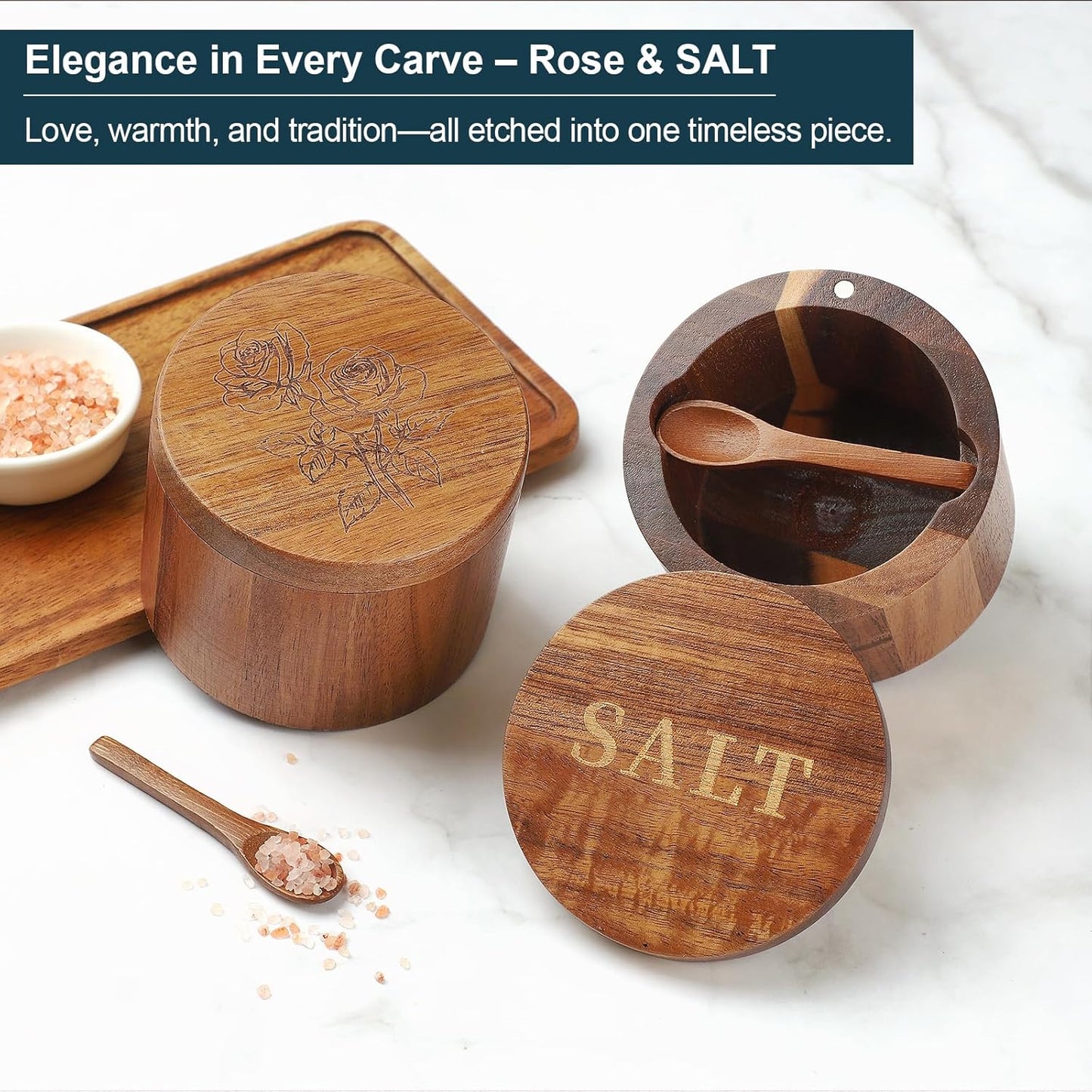 Salt Cellar, 2PCS Salt Container Acacia Wood Salt and Pepper Box for Countertop with Built-in Spoon & Swivel Lid, Wood Salt Holder Bowl for Kitchen, Seasoning Storage (Rose & SALT Engraving)