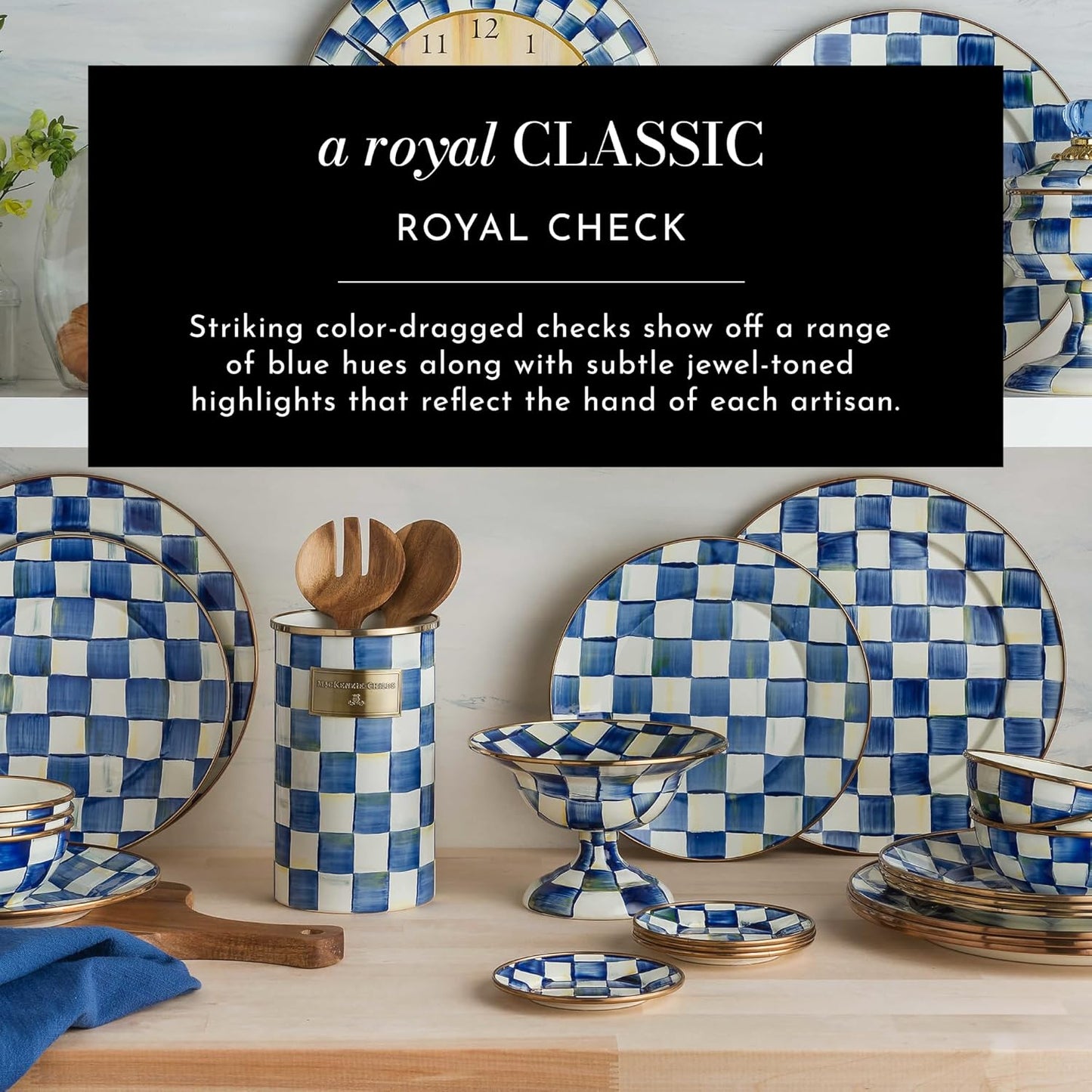 MACKENZIE-CHILDS Enamel Salad Serving Set, Enamel Bowl and Wooden Salad Servers, Decorative Kitchen Set, Blue-and-White Royal Check