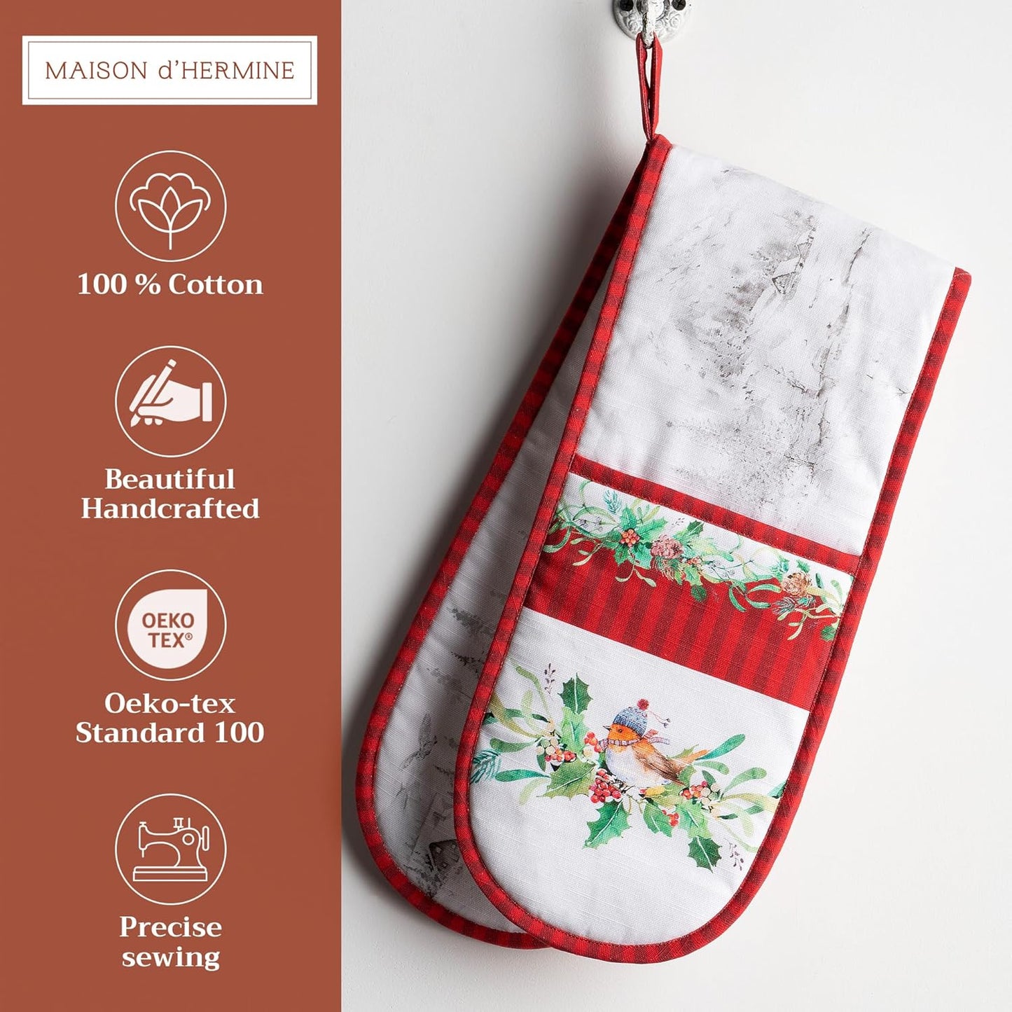 Maison d' Hermine Double Oven Mitts 100% Cotton 7"x35" Double Oven Mitt Heat Resistant BBQ Cooking Gloves with Loop, Baking, Grilling, Home, Kitchen, Handling Hot Pans (Christmas Tradition)