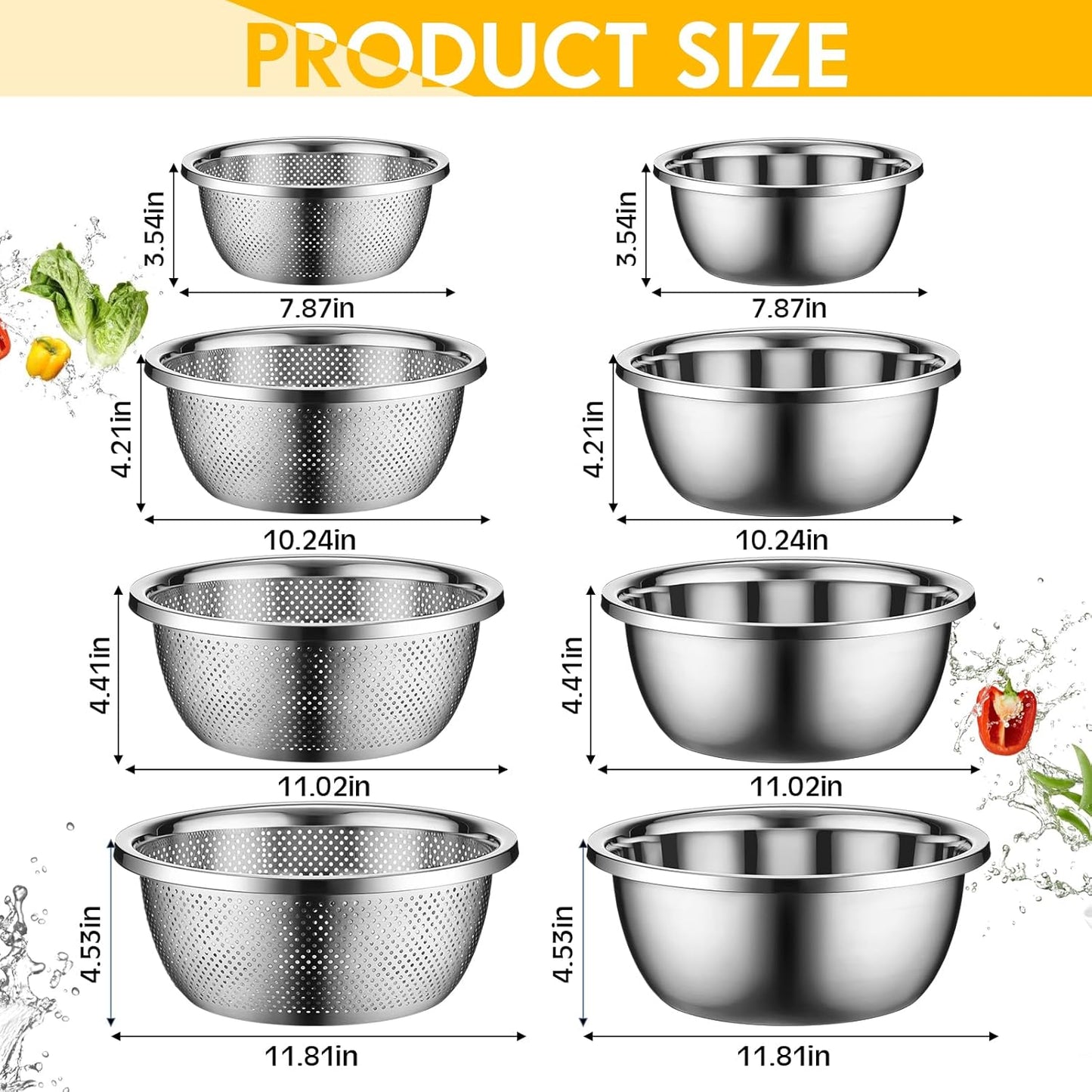 Uiifan 8 Pcs Stainless Steel Mixing Bowl with Stainless Steel Colander Rice Washing Colander Bowl Set Nesting Bowls for Washing Draining Storage(1.8/3.9/4.9/6.6 QT)