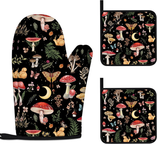 Mushroom Oven Mitts and Pot Holders Sets Cute Oven Gloves Heat Resistant 4 Pcs Funny Decorative Kitchen Hot Pads and Mitts for Baking Cooking Grilling