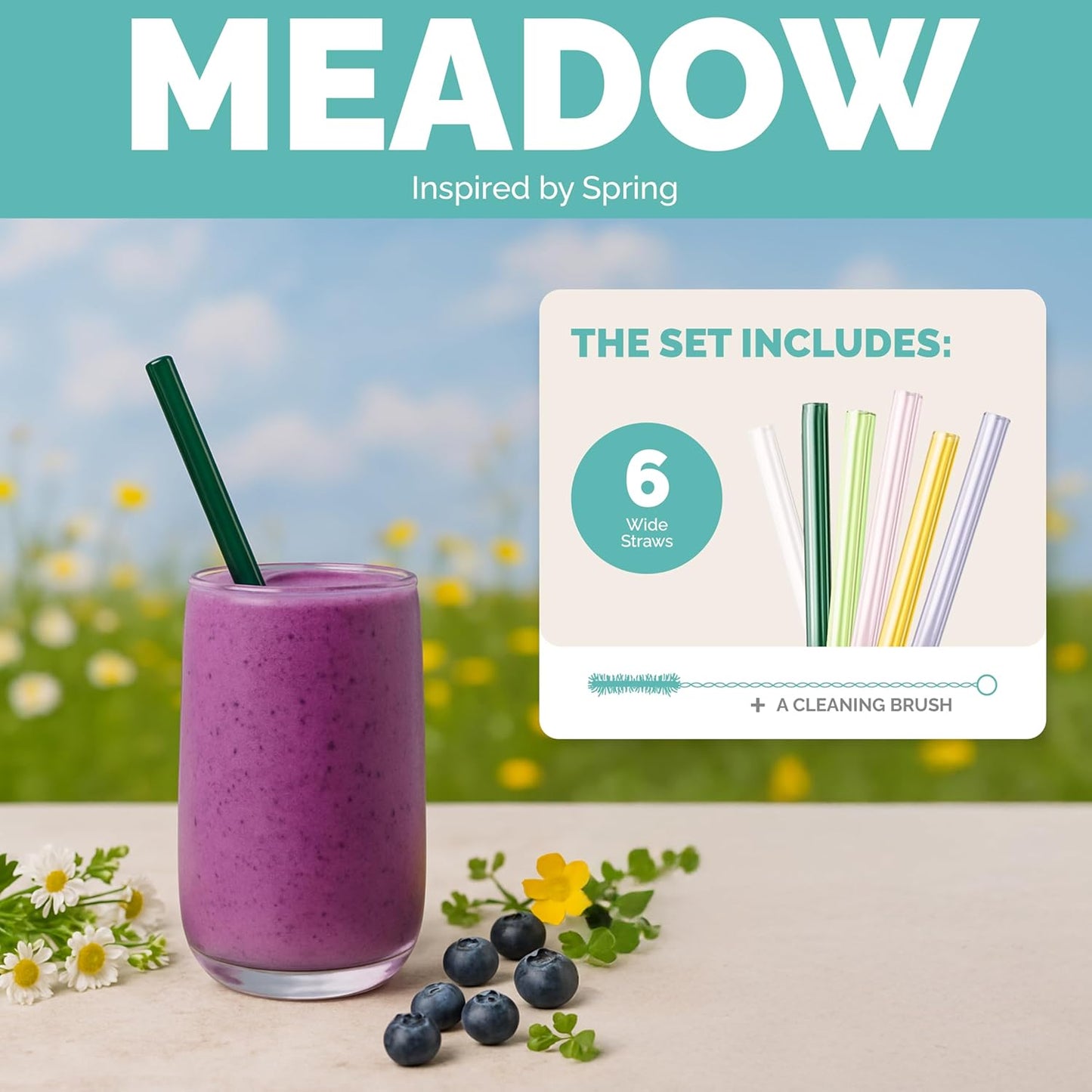Simply Straws 8 Inch Wide Glass Straws (6-Pack) - 12mm Reusable Boba Straws for Milkshakes & Smoothies, with Cleaning Brush - Dishwasher Safe, Hot & Cold Use, BPA-Free (Meadow)