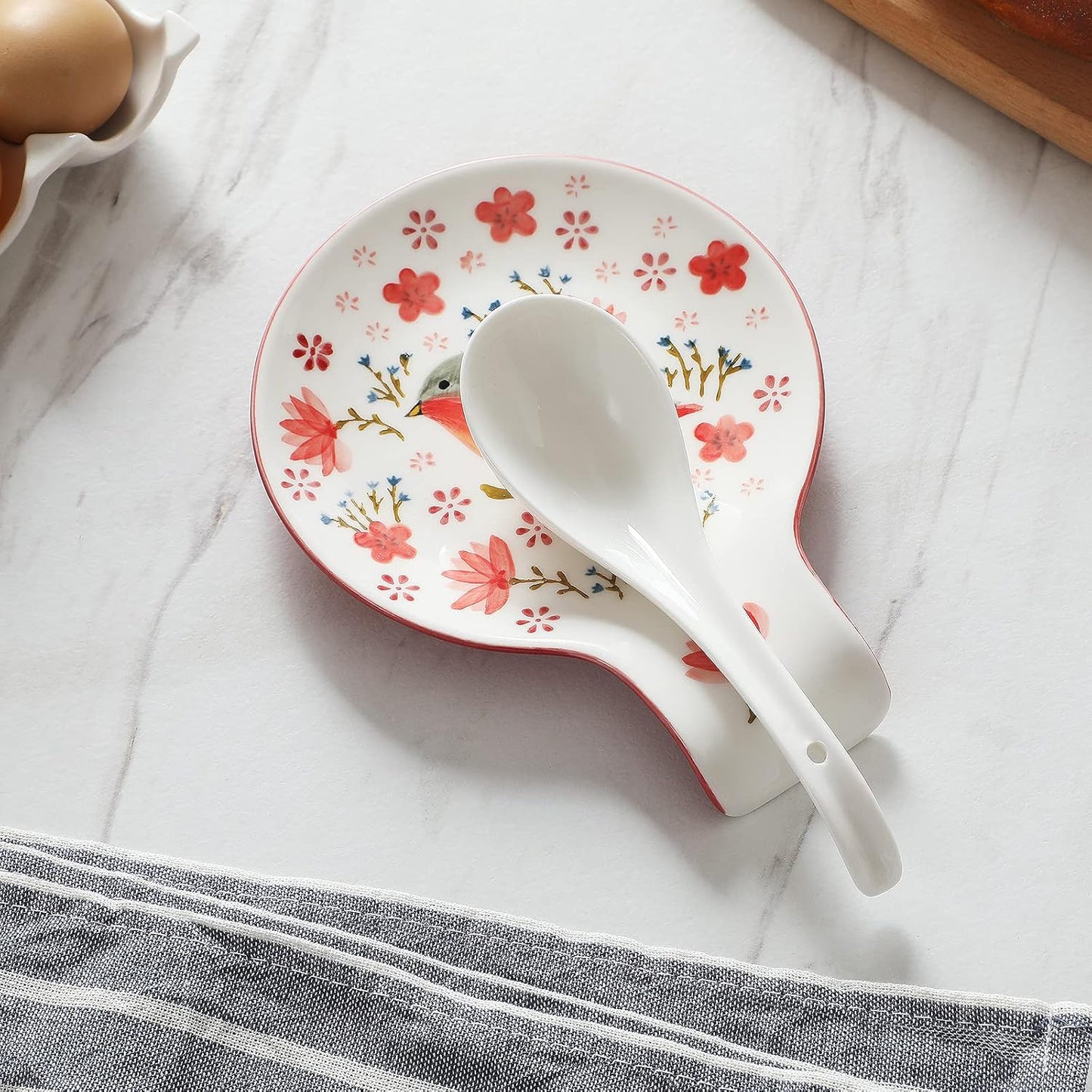 Hand Painted Spoon Rest, 5.5" Ceramic Spoon Holder for Stove Top and Kitchen Counter, Red Spring Bird Utensil Rest, Great Cooking Gifts for Bird Lover/Friend, Modern Kitchen Decorative