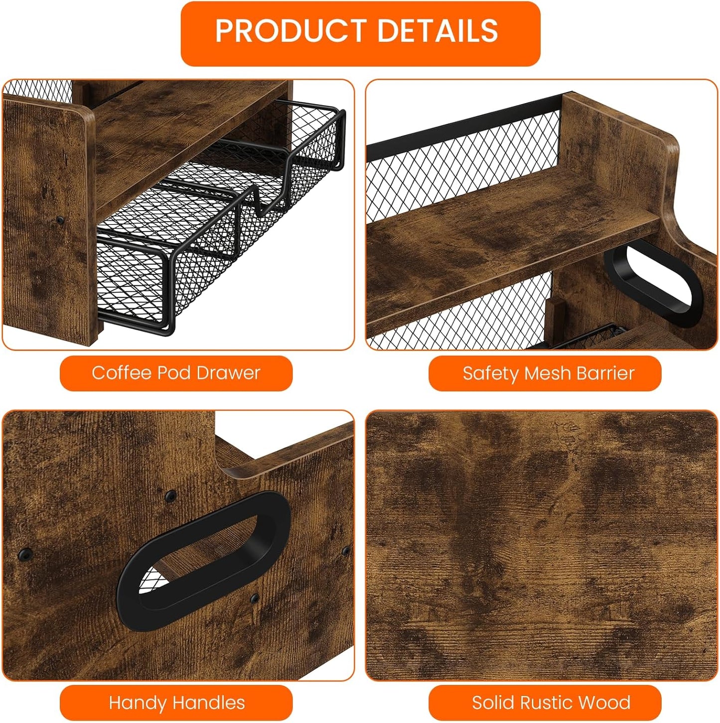 Homode Coffee Syrup Rack Organizer, 3-Tier 8 Bottles Syrup Holder Stand with 35 K Cup Storage Basket Drawer for Coffee Bar, Wood Liquor Shelf Wine Rack Countertop for Home, Rustic Brown