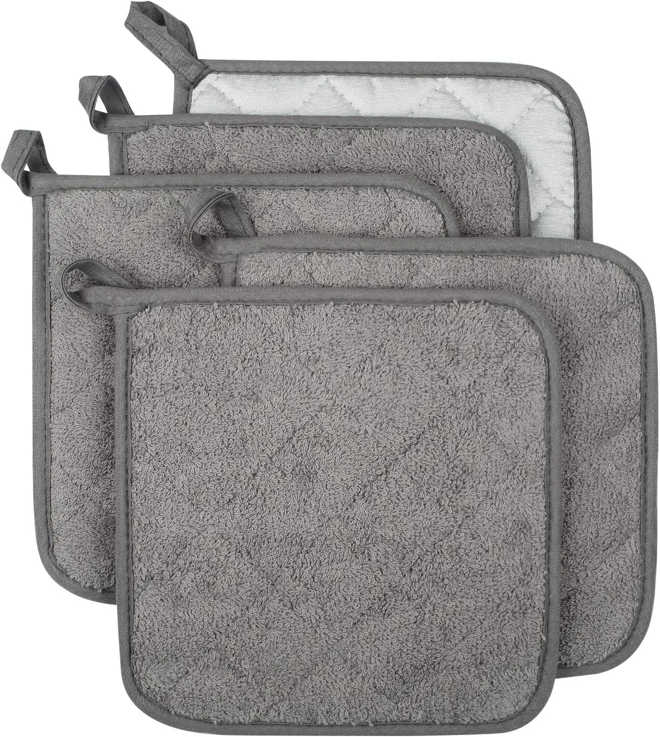 100% Cotton Kitchen Everyday Basic Terry Pot Holder Heat Resistant Coaster Potholder for Cooking and Baking Set of 5 Grey
