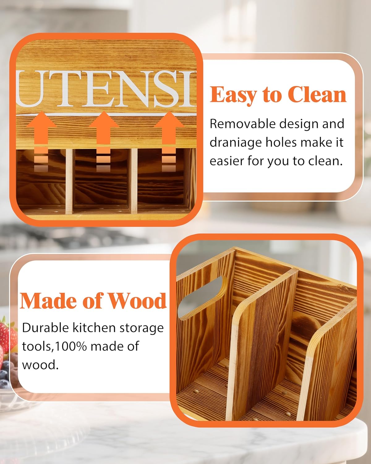 Kitchen Utensil Holder for Kitchen Counter Large Wooden Organizer for Cooking Utensils Utensil Holder Counter Farmhouse Décor (Farmhouse Wooden)