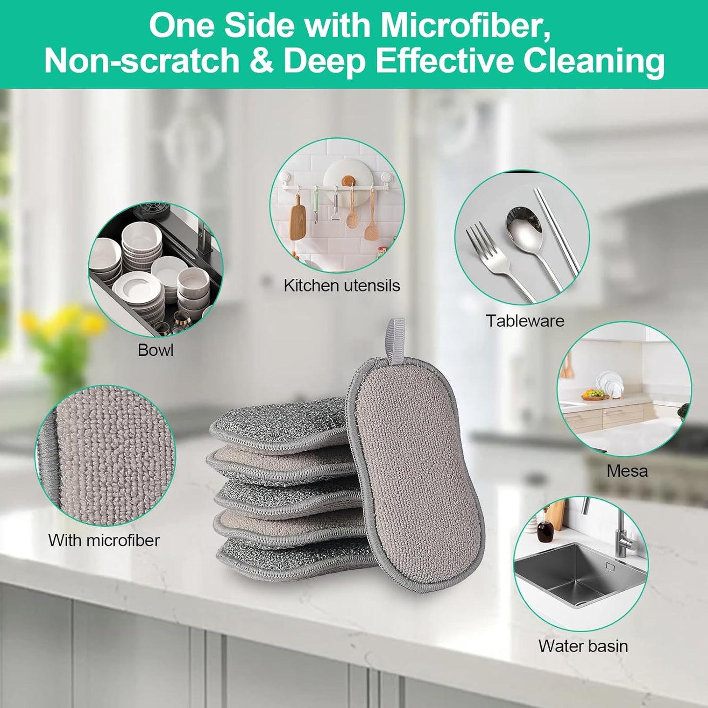 Upgrated Dual-Sided Sponges Kitchen, 6 Pack Microfiber Non Scratch Dish Scrub Sponge, All Purpose Dish Washing Scrubber for Cleaning Dishes, Kitchen, Pots, Pans, Sink & Household