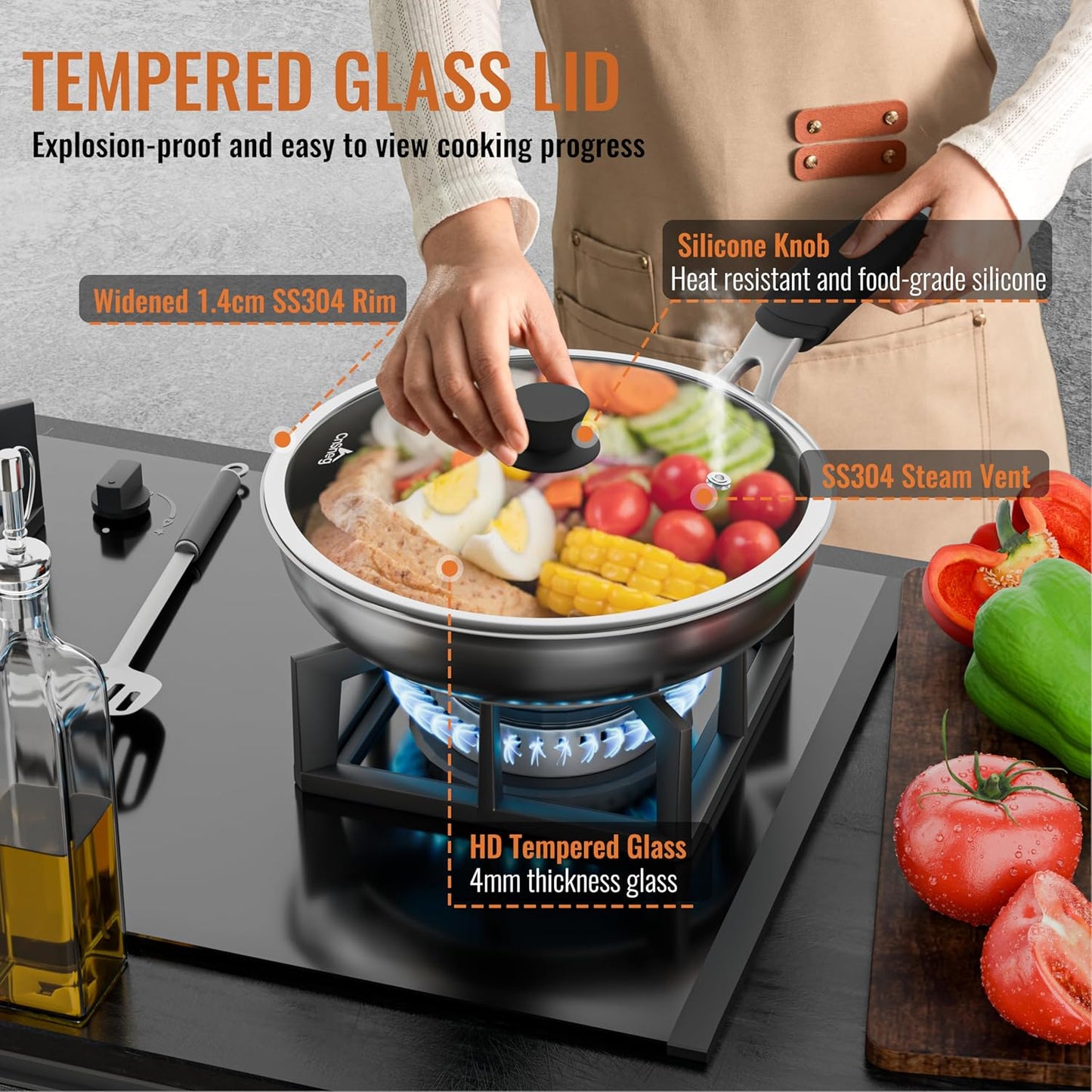 12 Inch Pan Lid For Pots Pans and Skillets, Cast Iron Skillet Lid, Large Tempered Glass Frying Pan Lids/Pot Cover Replacement, Crock Pot Lids with Wide Stainless Steel Rim, Cookware Lids Cover