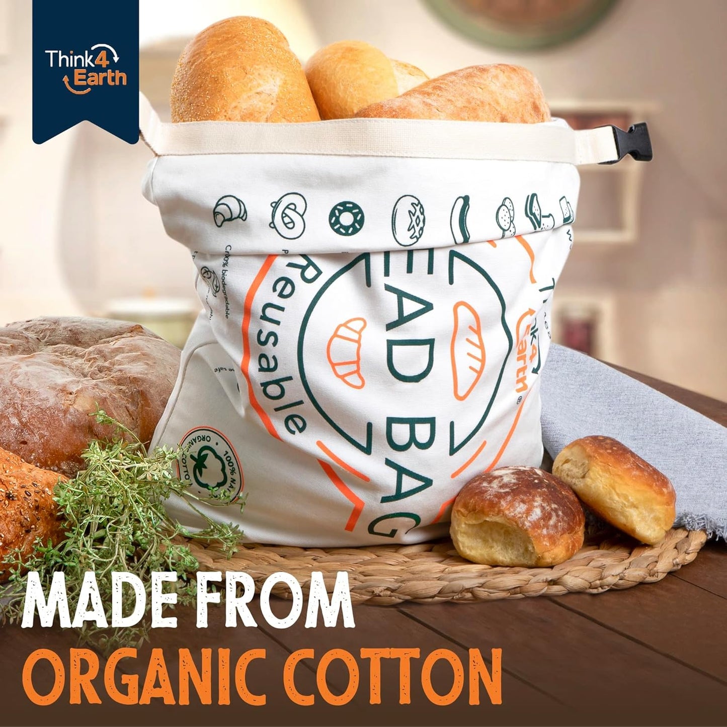 Think4Earth® – Cotton Linen Bread Bag Organic - Reusable Bags for Homemade Loaf Gift Giving - Bread Container for Large Sourdough Loafs – Countertop Cloth Storage and Transport Solution.