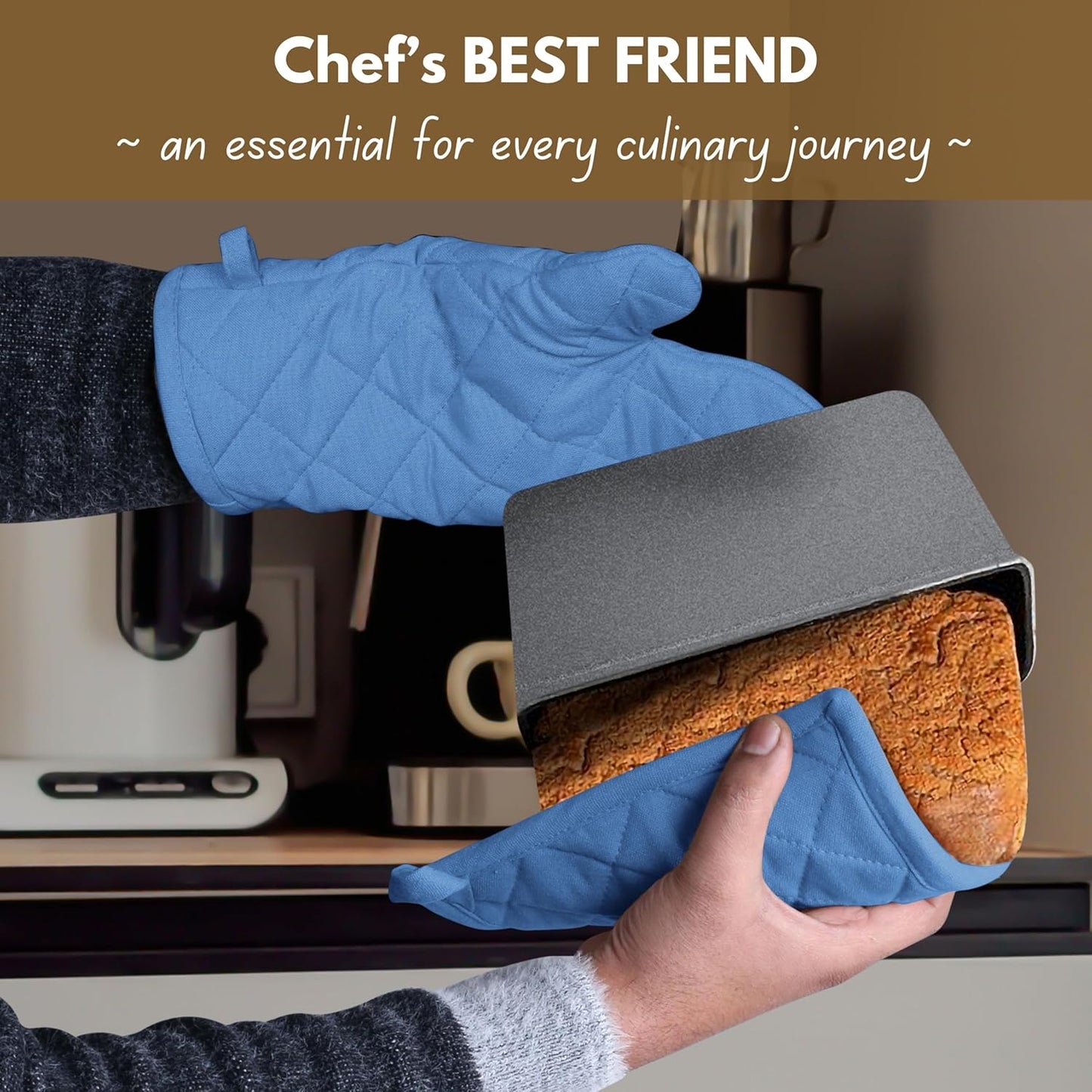 Native Fab Pot Holders and Oven Mitts Sets for Kitchen Heat Resistant - Hanging Non-Slip - 100% Cotton Kitchen Oven Mitts and Pot Holders 4-Piece Set - Blue