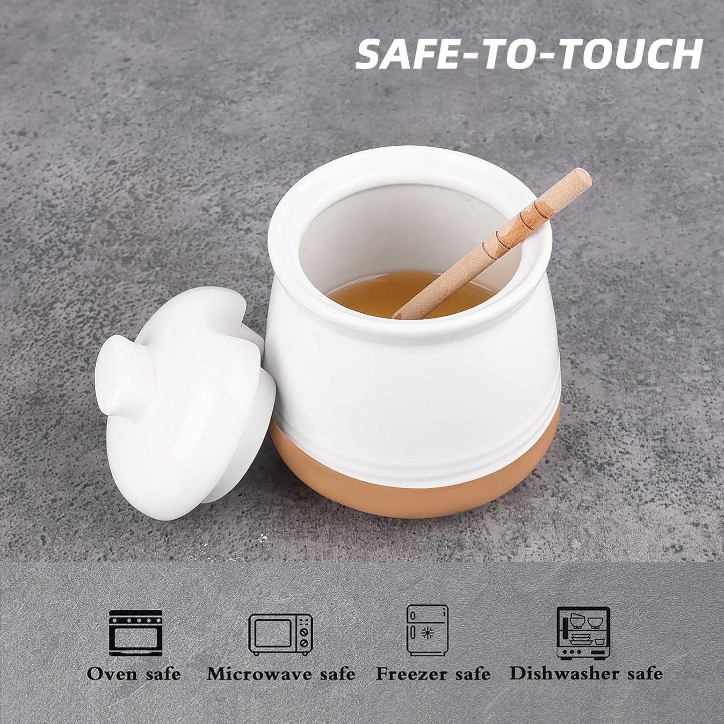 LEETOYI Honey jar with Lid and Wooden Dipper, 12 oz Ceramic Honey Container Dispenser for Home, Microwave & Dishwasher Safe, White