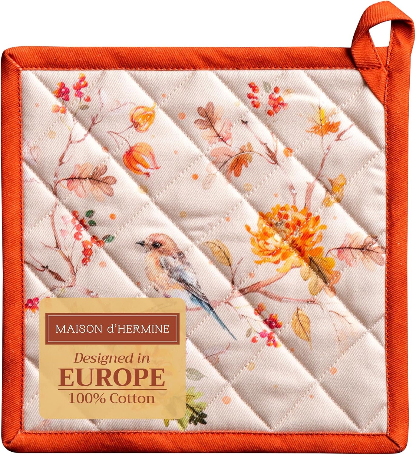 Maison d' Hermine Pot Holders 100% Cotton Heat Resistant Potholders 8" x 8" Hot Pads with Loop BBQ, Cooking, Baking, Grilling, Kitchen, Handling Hot Pans (Pack of 1, Kelim - Prairie)