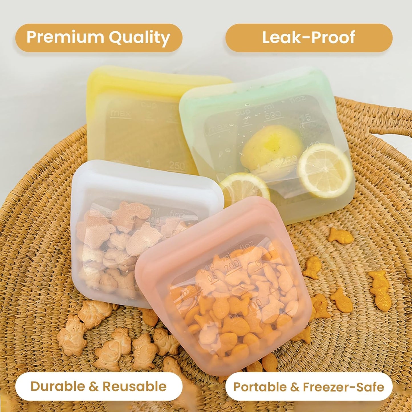 purifyou Set of 5 Reusable Silicone Storage Snack Bags 6oz / 16oz / 32oz / 64oz Self-Seal Food Storage Container for Fruits, Vegetables, Sandwiches, Dishwasher Safe & Leak-free (PastelYellow, 6oz)