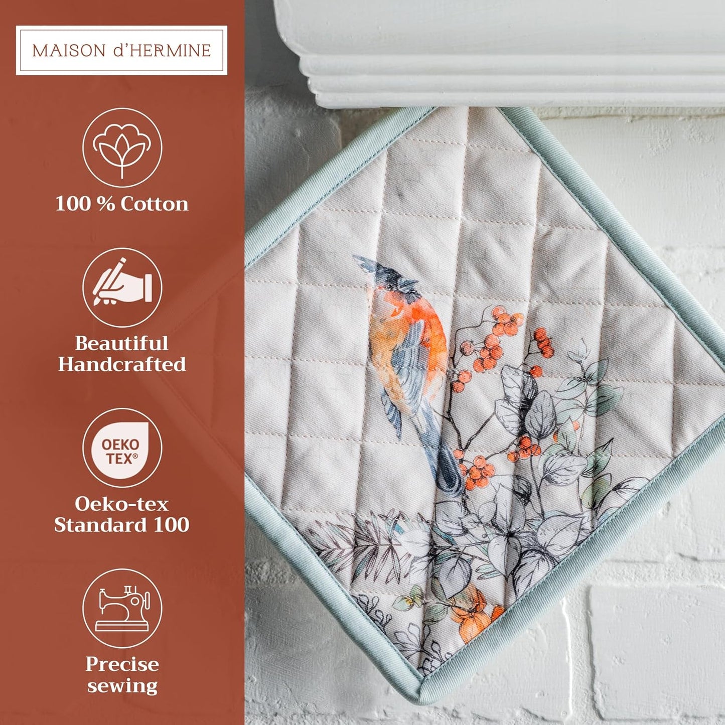 Maison d' Hermine Pot Holders Set 100% Cotton Heat Resistant Potholders 8" x 8" Hot Pads with Loop BBQ, Cooking, Baking, Grilling, Kitchen, Handling Hot Pans (Pack of 2, Whitish Shabby Chique)