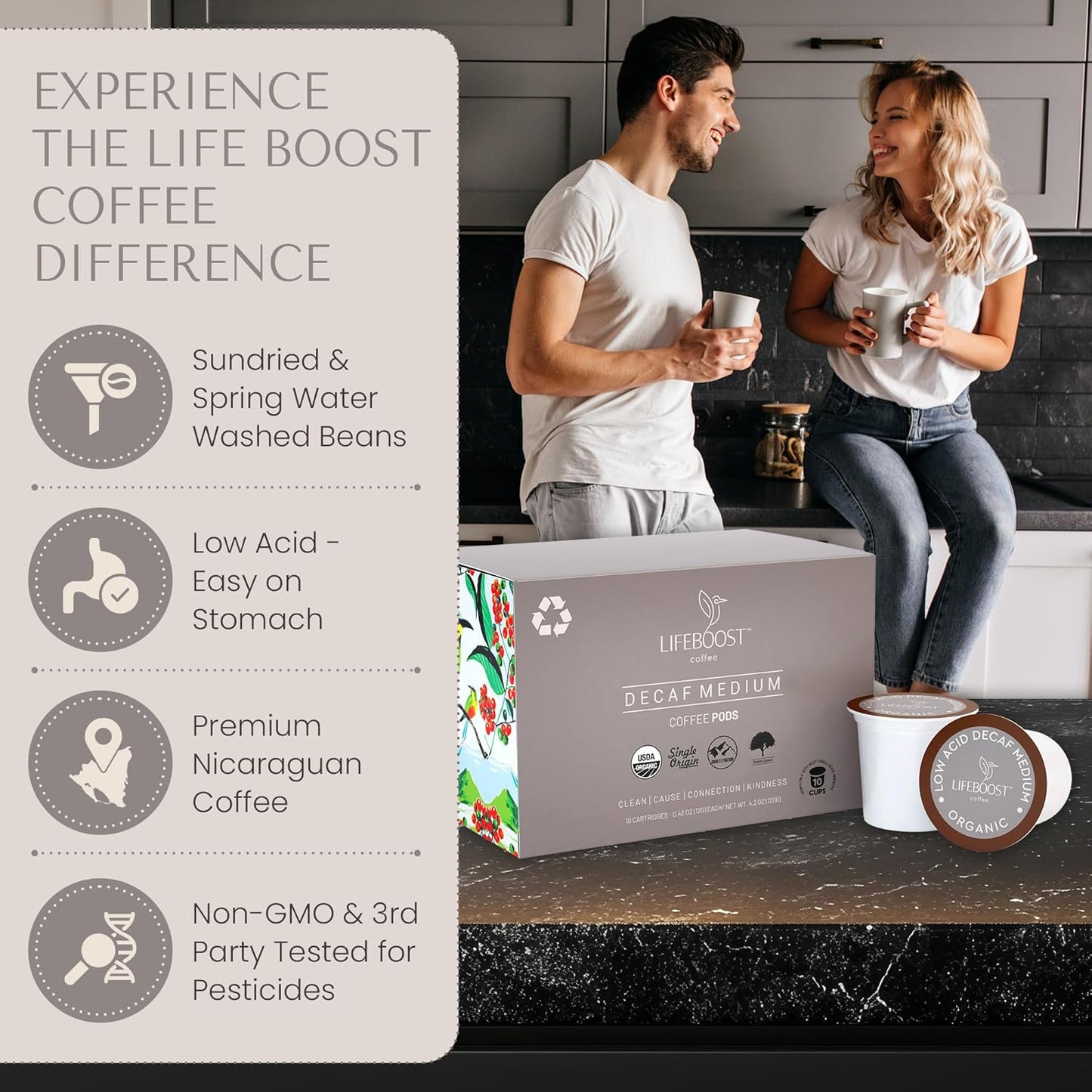 Lifeboost Organic Decaf Coffee K Cups - Low Acid Single Origin Non-GMO Mold Free Decaf Coffee Pods Compatible with Keurig & Keurig 2 - No Mycotoxins or Pesticides - 10 Count