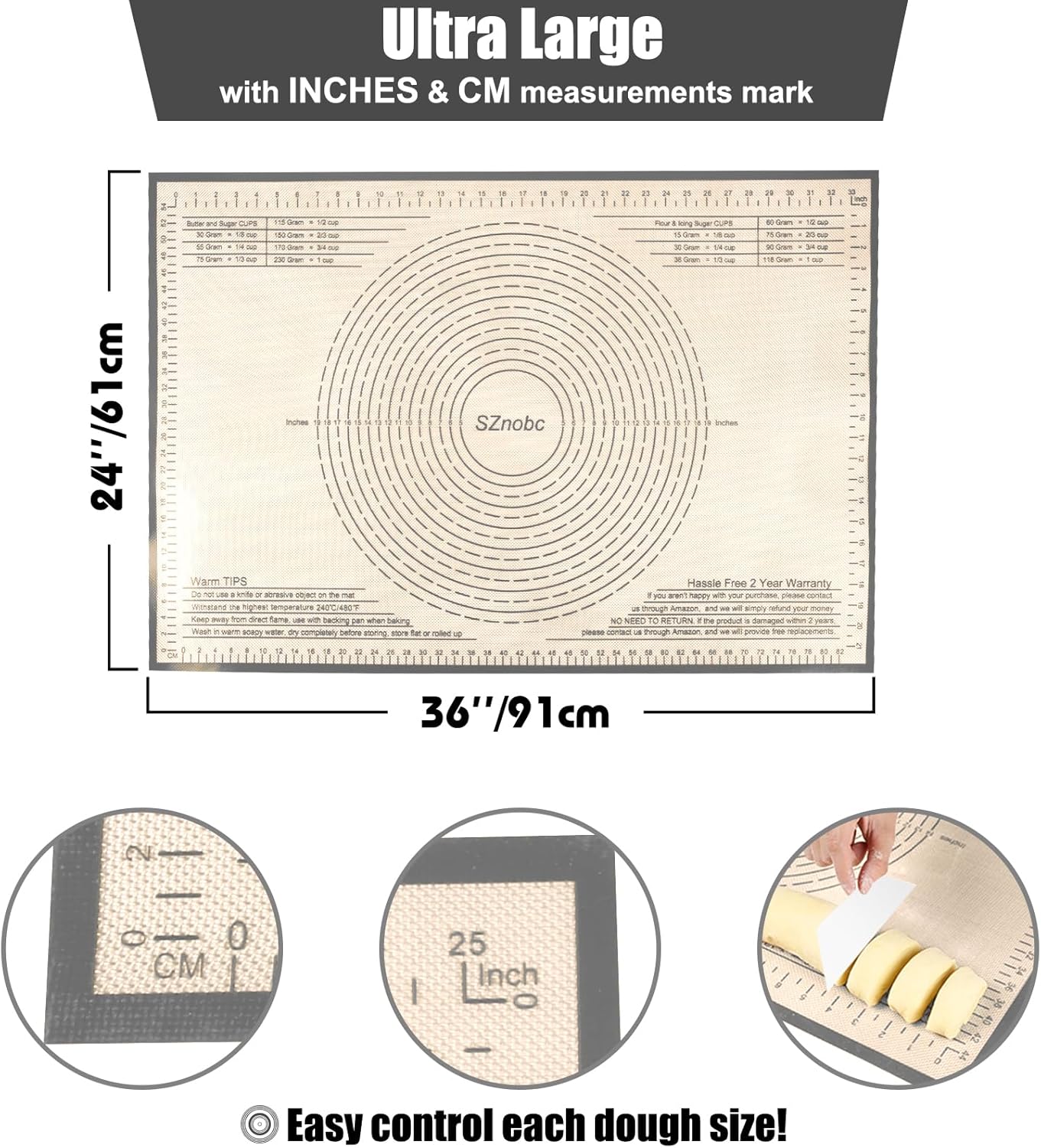 Non-slip Silicone Pastry Mat 36X24 inches Baking Mat with Measurement, Perfect for Dough, Pastry, Pie Crust, Fondant, Cookies, Bread, Pasta, Pizza, Food Grade Kitchen Counter Mats