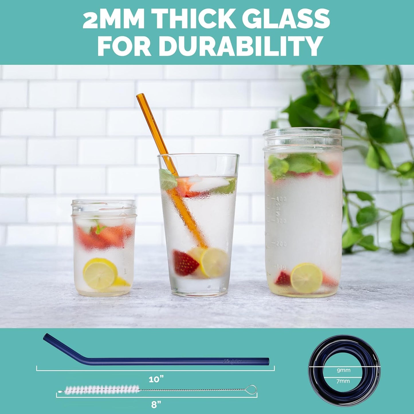 Simply Straws 10 Inch Glass Straws Bent (6-Pack) – Reusable Glass Straws for 24 Oz Mason Jars & Tumblers, with Cleaning Brush – Durable, Dishwasher Safe, Hot & Cold Use, BPA-Free (Iridium)