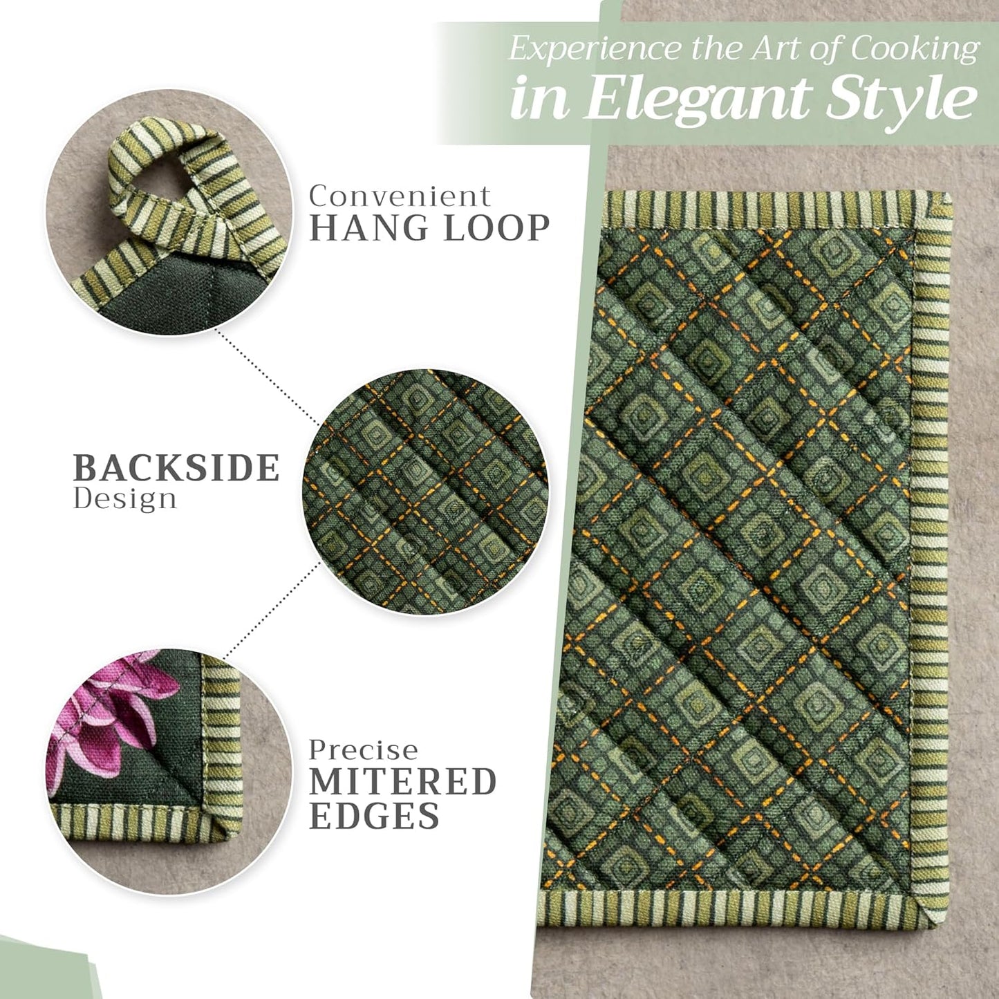 Maison d' Hermine 100% Cotton Oven Mitt & Pot Holder Set (7.5"x13" & 8"x8") Heat Resistant BBQ Cooking Gloves with Loop, Baking, Grilling, Kitchen, Handling Hot Pans (Pumpkin Garden - Dark Green)