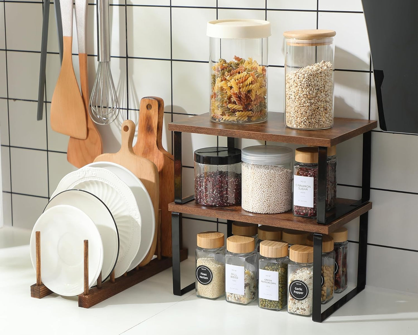 Marsui 4 Pcs Kitchen Organizer Accessories Set Cabinet Organizer Shelf and Bamboo Dish Drying Plate Rack Counter Shelves Storage Holder for Spice Rack, Dish, Pot Lid, Bowl, Cup(Deep Color)