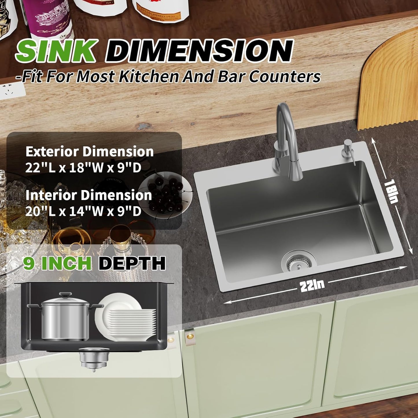 Kitchen And Bar Sink, 22x18 Inch Stainless Steel Drop In Kitchen Sink Modern Single Bowl Topmount Bar Sink Combo-Silicon Mat,Drain Strainer Set Compatibility With Various Kitchen & Bar Style