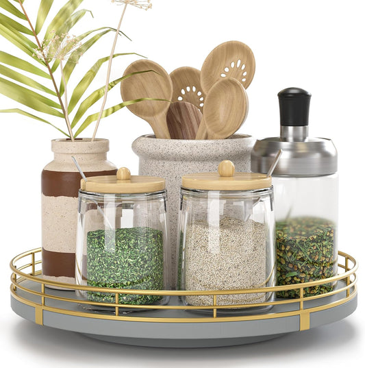 9" Wooden Lazy Susan Turntable for Cabinet – Rotating Spice Rack Organizer, Small Gray Kitchen Countertop Tray for Dining Table & Pantry Storage