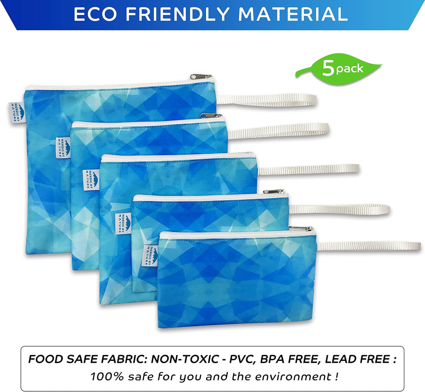 Nordic By Nature Reusable Sandwich Bag Snack Bags - Value Pack of 5 Dual Layer Lunch Baggies - Dishwasher Safe - Eco Friendly Cloth Wraps - Easy Open Zipper (Blue Ice)