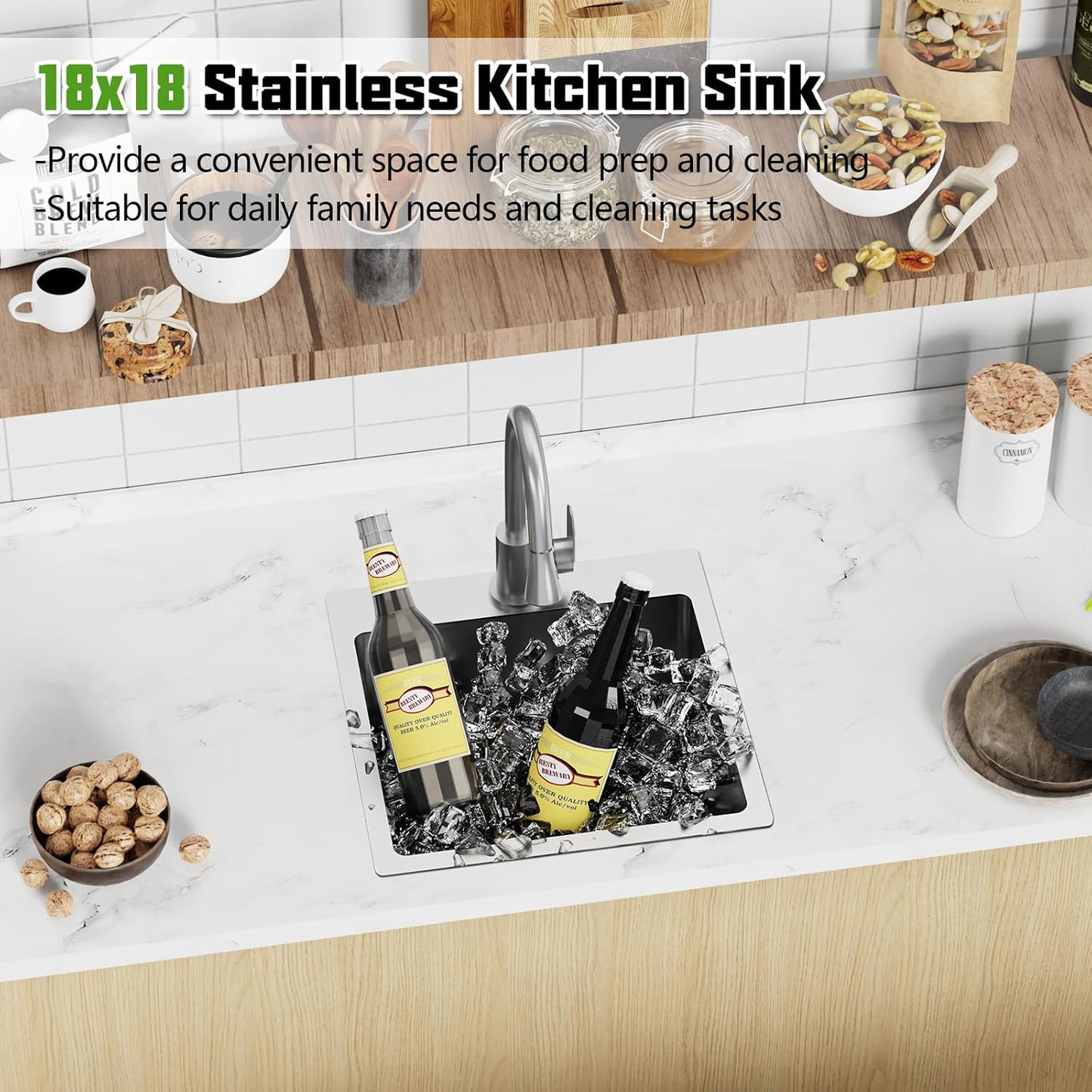 18x18 In Drop In Kitchen And Bar Sink- Stainless Steel Drop In Kitchen Sink Modern Single Bowl Topmount Bar Sink With Silicon Mat,Drain Strainer Set Compatibility With Various Kitchen & Bar Style
