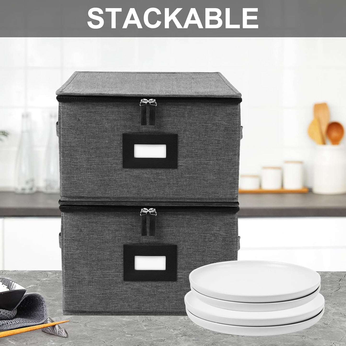 Mayniu China Storage Containers Hard Shell, 12" Plate Storage Containers for Dishes, Stackable Dinnerware Storage with 48 Felt Dividers (4 Pack Black)