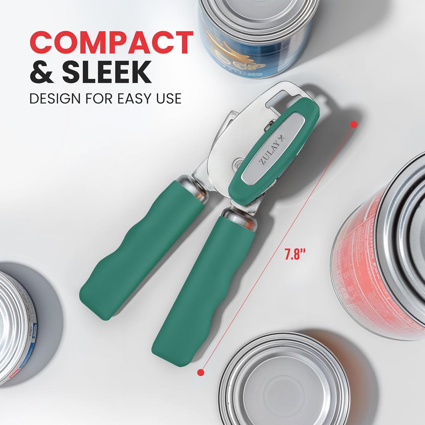 Zulay Kitchen Heavy Duty Stainless Steel Can Opener Manual with Bottle Opener - Rust Proof Manual Can Opener With Turn Knob & Comfy Soft Grip Handles - Pine Green