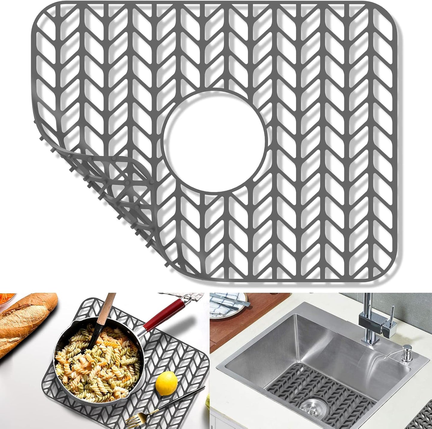 GUUKIN Sink Protectors for Kitchen Sink Grid 16-3/16" X 12-1/2", Centered Drain for Single Sink Bowl with Corner Radius 4-11/16" Kitchen Mat