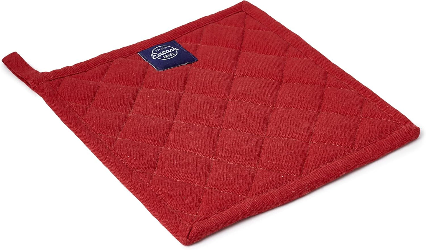 Encasa XO Heat Resistant Cotton Pot Holders with Hanging Loop - Set of 2 - Red - Multipurpose Quilted Everyday Hot Pad for Kitchen, Camping, BBQ & Microwave - 8x8 in