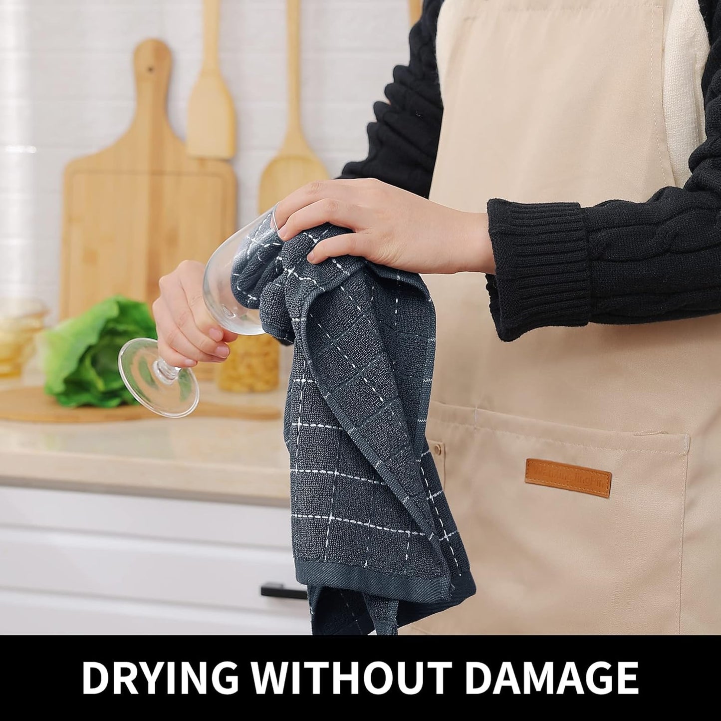 Homaxy 100% Cotton Terry Kitchen Towels(Navy+Grey+Black, 13 x 28 inches), Checkered Designed, Soft and Super Absorbent Dish Towels, 6 Pack