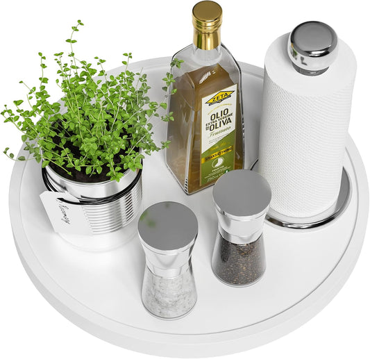 White Lazy Susan for Table, 12 Inch Non-Skid Bamboo Turntable Organizer for Salt Pepper Spices and Olive Oil Next to Stove, Wooden Lazy Susan Organizer for Kitchen Countertop Organizer
