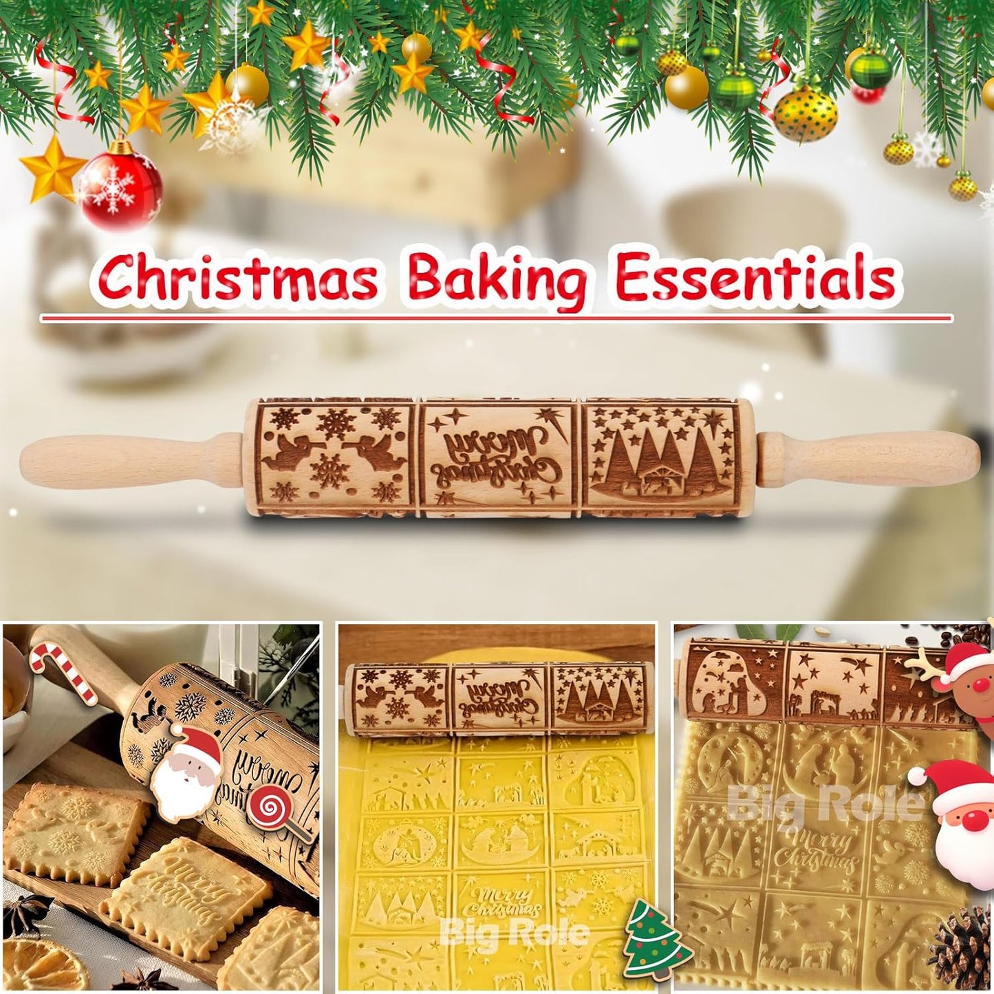 Christmas Embossed Rolling Pin for Baking Cookies Embossing Rolling Pins with Design Wooden Engraved Springerle Roller Pin Dough Patterned Clay Pottery Ceramic Bakers Women (Nativity Square Patterns)