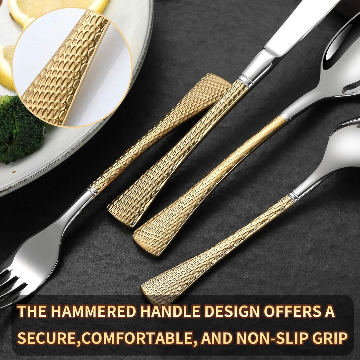 Hammered Silver Gold Silverware Set for 8,Stainless Steel 40-Piece Modern Cutlery Set,Mirror Polished Heavy Duty Flatware Set Utensil Set,Knives Spoons and Forks Set,Dishwasher Safe