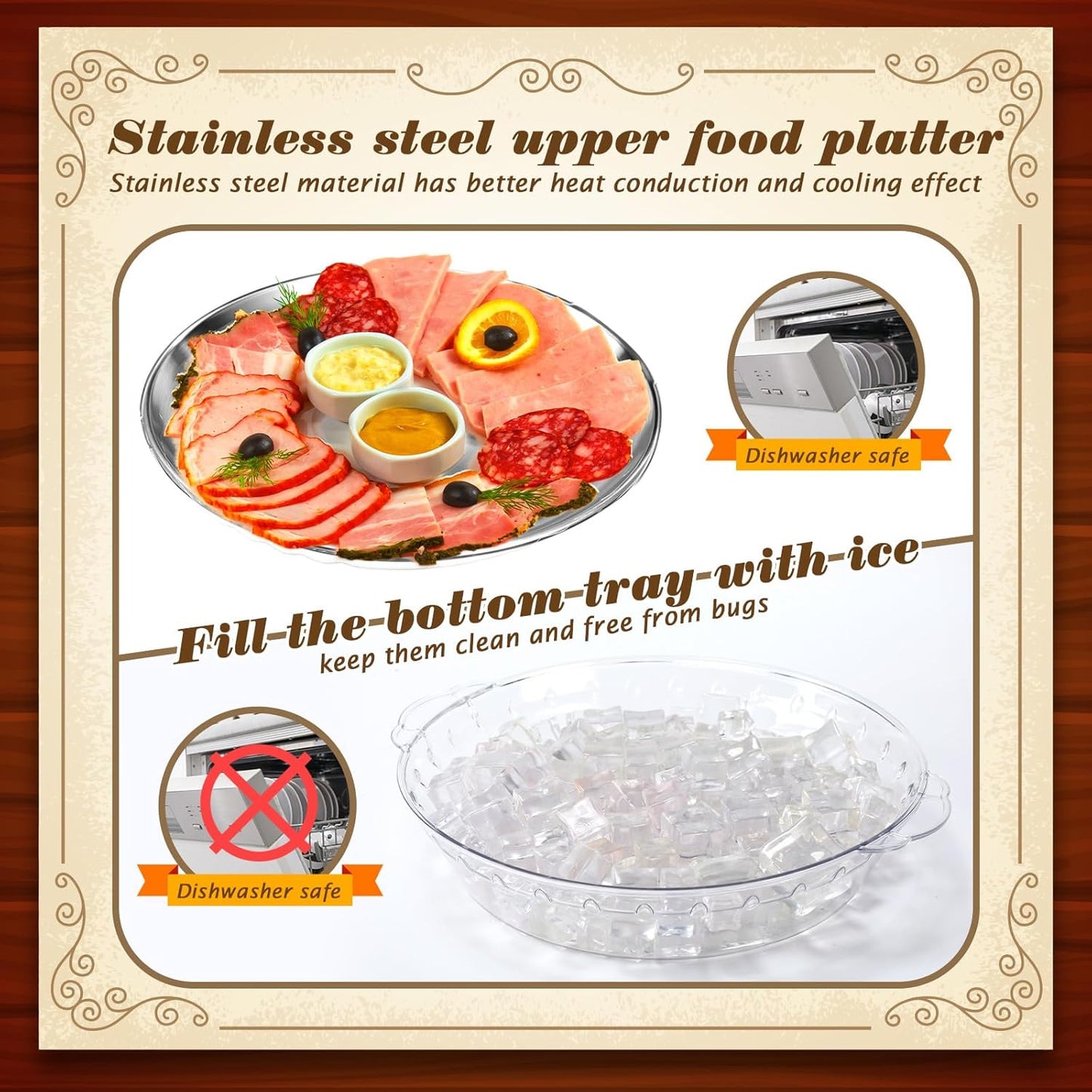 Baderke 1 Set 11.8" Chilled Serving Tray for Parties with Compartments Ice Chilled Party Platter Charcuterie Serving Board Cold Dish Dip for Fruit Seafood Vegetable Shrimp Cocktail (Natural)