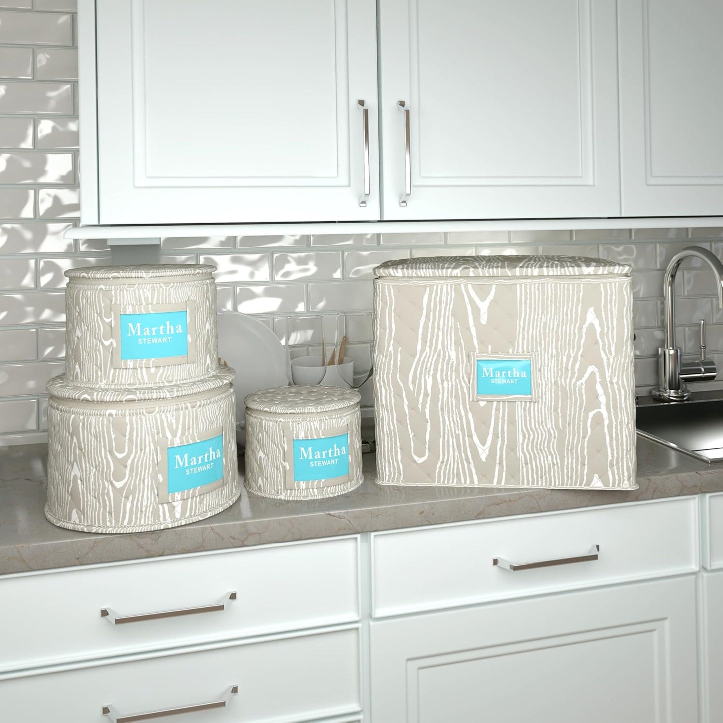 Martha Stewart Dinnerware Stemware Glassware Stackable Organizer Home Storage Container Case, Set of 2 Goblet Stemware Storage Organizers With Removable Fabric Dividers, Skyland Faux Bois