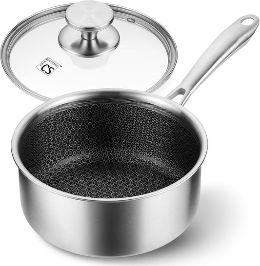 KOCH SYSTEME CS Hybrid Nonstick Stainless Steel Sauce Pan 3QT, Tri-ply Stainless Steel Pot with Honeycomb Interior, Hybrid Sauce Pan with Lid, 18/10 Steel Pot, Induction Compatible