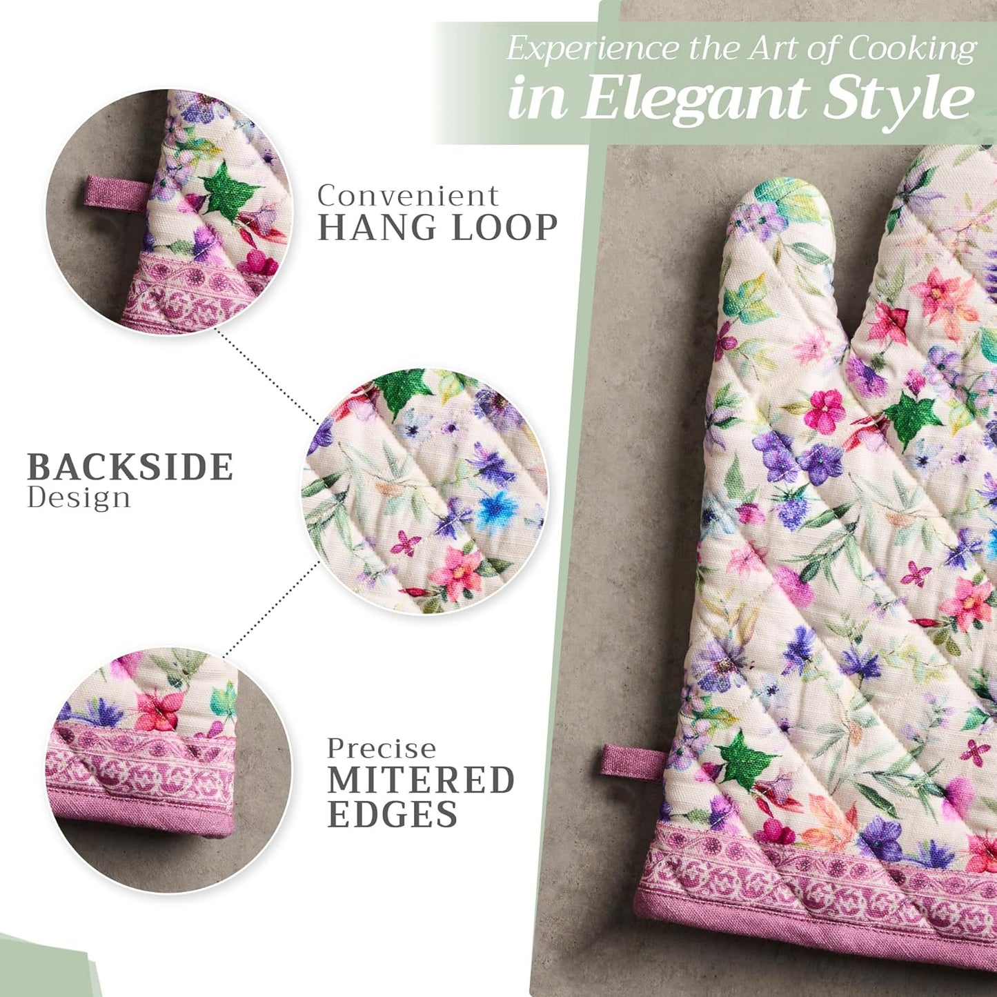 Maison d' Hermine 100% Cotton Oven Mitt & Pot Holder Set (7.5"x13" & 8"x8") Heat Resistant BBQ Cooking Gloves with Loop, Baking, Grilling, Kitchen, Handling Hot Pans Spring/Summer (Chardon)