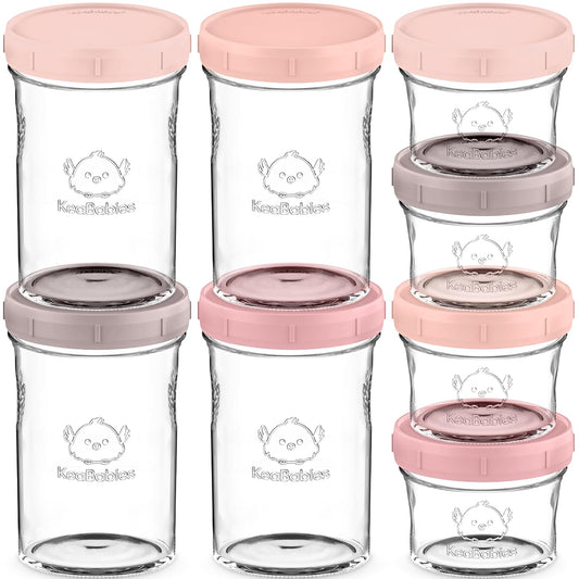 KeaBabies 4pk 8oz & 4pk 4oz Glass Baby Food Containers with Lids - Leak-Proof, Microwavable Small Glass Jars, Baby Purees & Toddler Snack Storage Containers,BPA-Free,Dishwasher & Freezer Safe(Roseate)