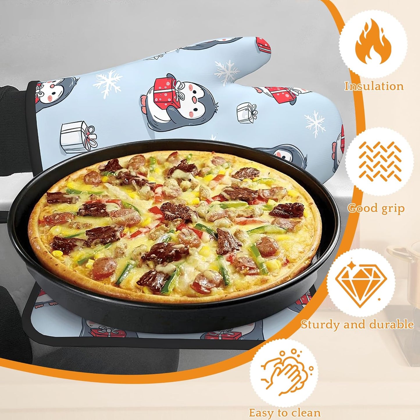 Christmas Cute Penguin Oven Mitts and Pot Holders Set,Snowflakes Kitchen Decor Heat Resistant Non Slip Hot Pads and Oven Mitt for Chef Cooking Baking BBQ Mom Girl Gifts(4 Piece Set)