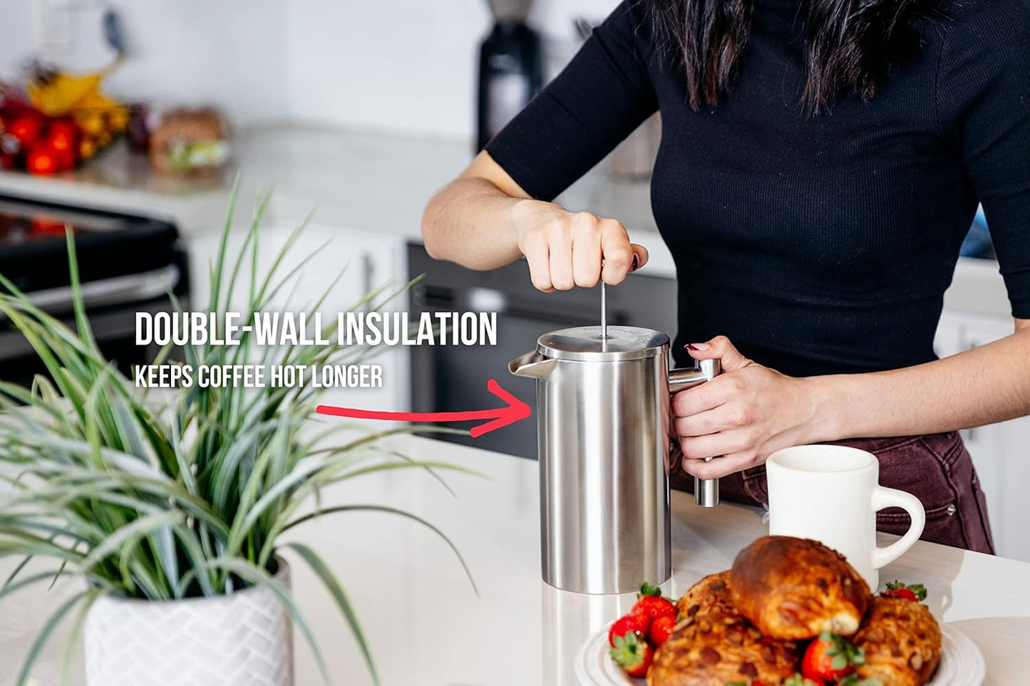 Barista Warrior French Press with Thermometer - Insulated Coffee Press - Stainless Steel Coffee Maker (1.0L, 34 fl oz, Silver)