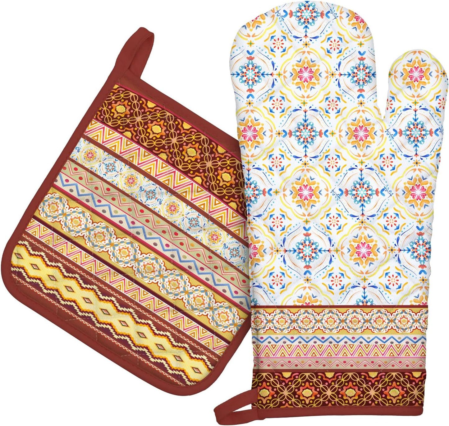 Boho Floral Oven Mitts and Pot Holders Sets 2Pcs, 100% Cotton Heat Resistant, Extra Long Oven Gloves Potholder for Kitchen Cooking Baking Decoration
