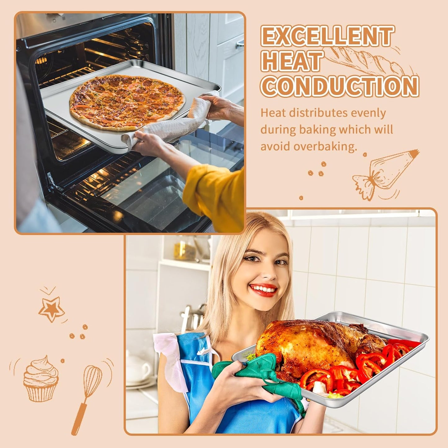 Stainless Steel Baking Sheet Set of 2, Deedro Cookie Sheet Metal Baking Pan Oven Tray, Non Toxic & Heavy Duty, Rust Free & Mirror Finish, Easy Clean & Dishwasher Safe, 20 x 14 x 1.3 Inch