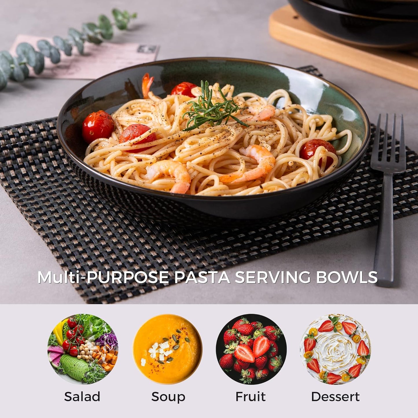 LERATIO Large Pasta Bowls,38oz Ceramic Pasta Bowls,9.0" Reactive Glaze Pasta Bowl Set of 4,Microwave & Dishwasher,Oven Safe,Wide Serving Bowls for Salad,Pasta,Fruit,Scratch Resistant-Green