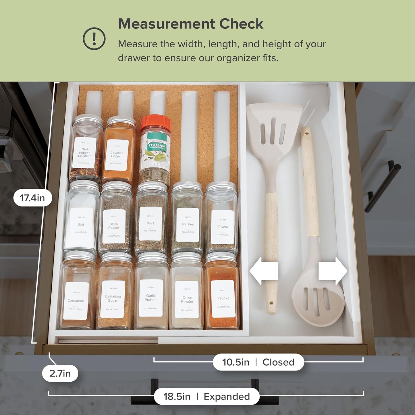 KitchenEdge Spice Drawer Organizer with Expandable Storage. Holds up to 15 Spice Jars (Not Included), Non-Slip Feet, Kitchen Accessory Storage, 100% Sustainable Bamboo Wood (White Bamboo)