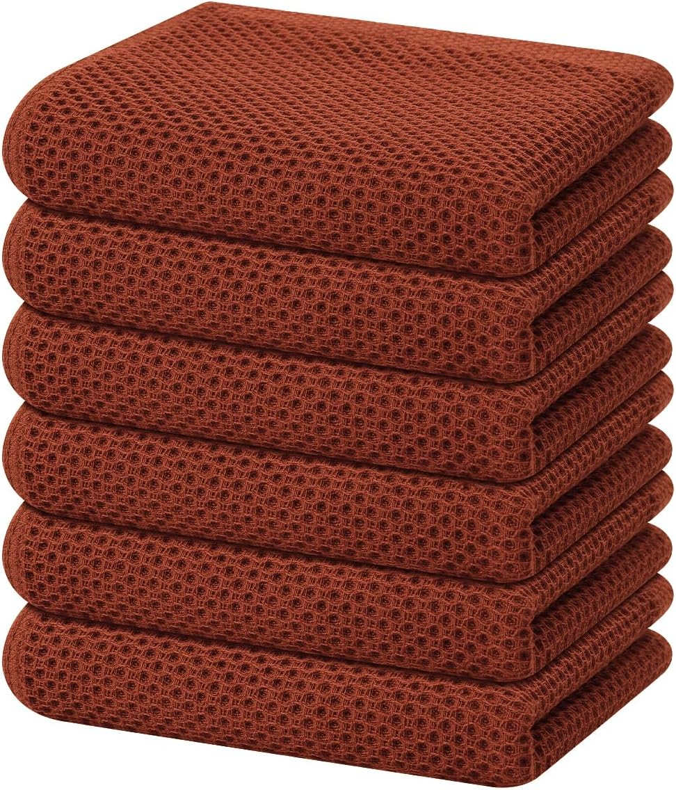 Homaxy 100% Cotton Waffle Weave Kitchen Dish Towels, Ultra Soft Absorbent Quick Drying Cleaning Towel, 13 x 28 Inches, 6-Pack, Rust