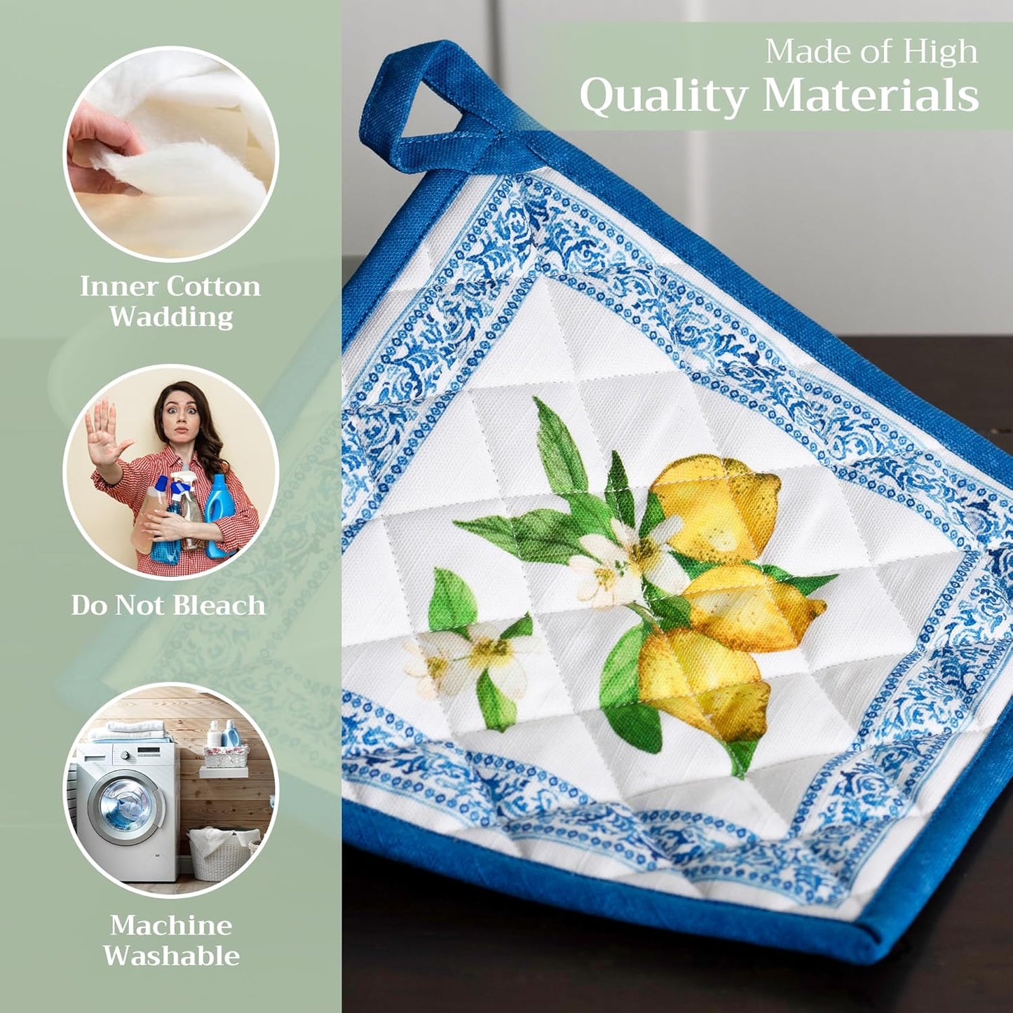 Maison d' Hermine Pot Holders Set 100% Cotton Heat Resistant Potholders 8" x 8" Hot Pads with Loop BBQ, Cooking, Baking, Grilling, Kitchen, Handling Hot Pans Spring/Summer (Pack of 2, Cedrat)