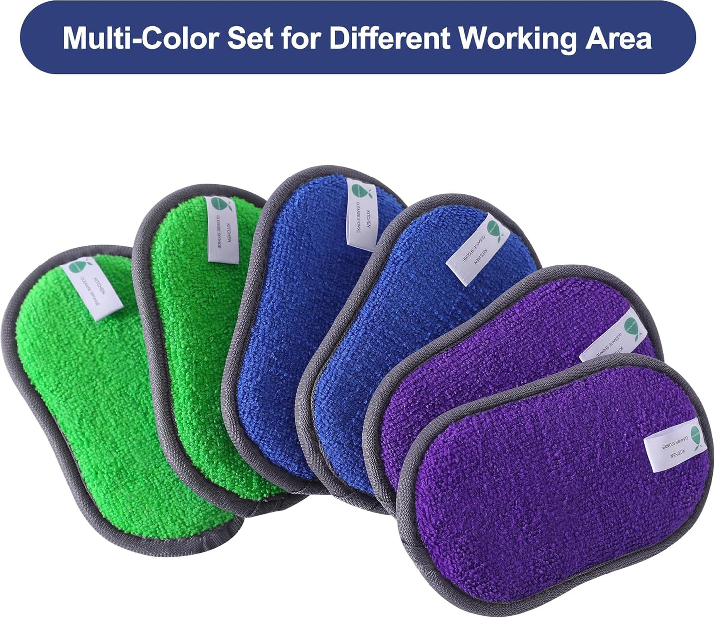 Multipurpose Sponges Kitchen,6 Pack Reusable Non-Scratch Scrub Sponge,Rough Scrubbers Side for Pots and Pans,Soft Microfiber Scrub Side for Washing Dishes