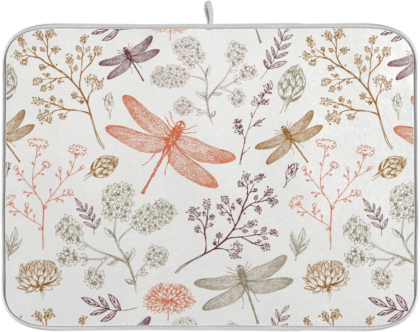 Dragonfly Botanical Plant Dish Drying Mat for Kitchen Counter Absorbent Microfiber Drying Pad, Medium 16x18 in, Reversible Drainer Mats